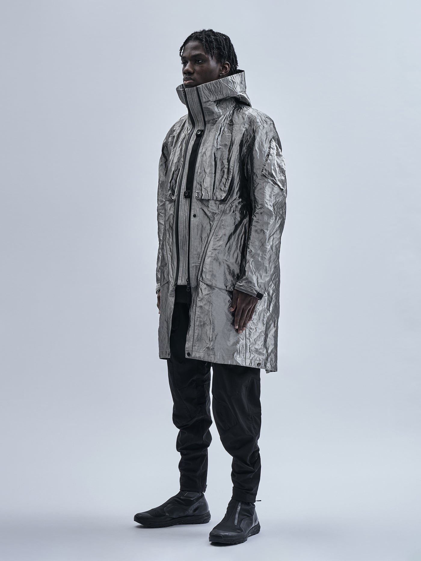 リノ(CLUÉL Collaboration) CHAMBRAY COAT Layered Wool Coat with Removable Silk Layer